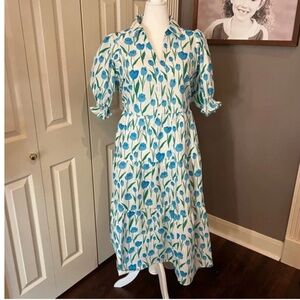 Mary Square Women Plus Blue White Spring Floral Tiered Dress Puff Sleeves 2X EUC